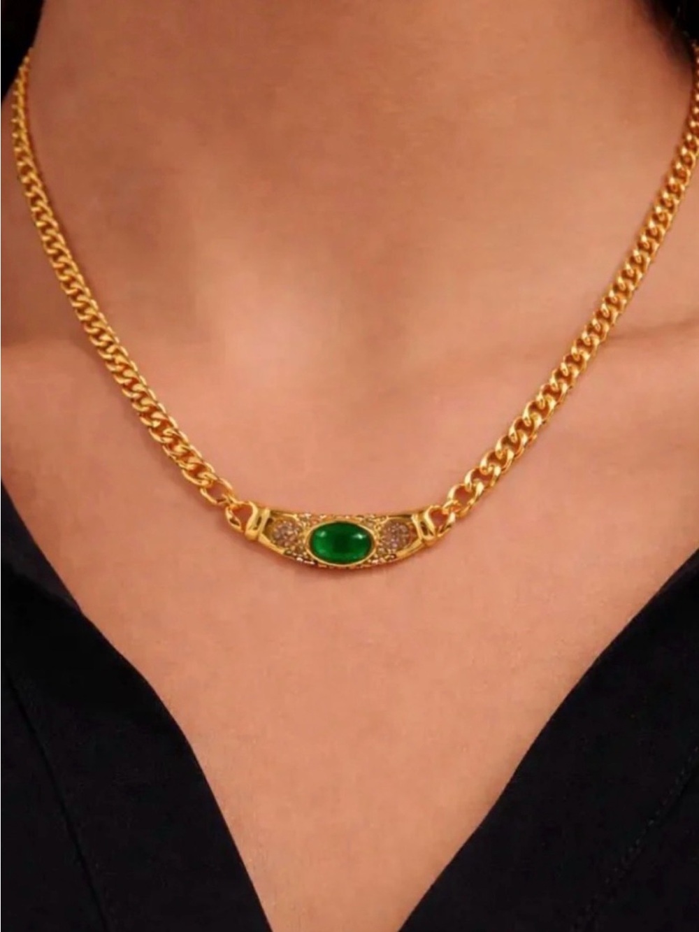 Gold tone Chain Necklace with Green Gemstone and Pavé Accents Stainless Steel